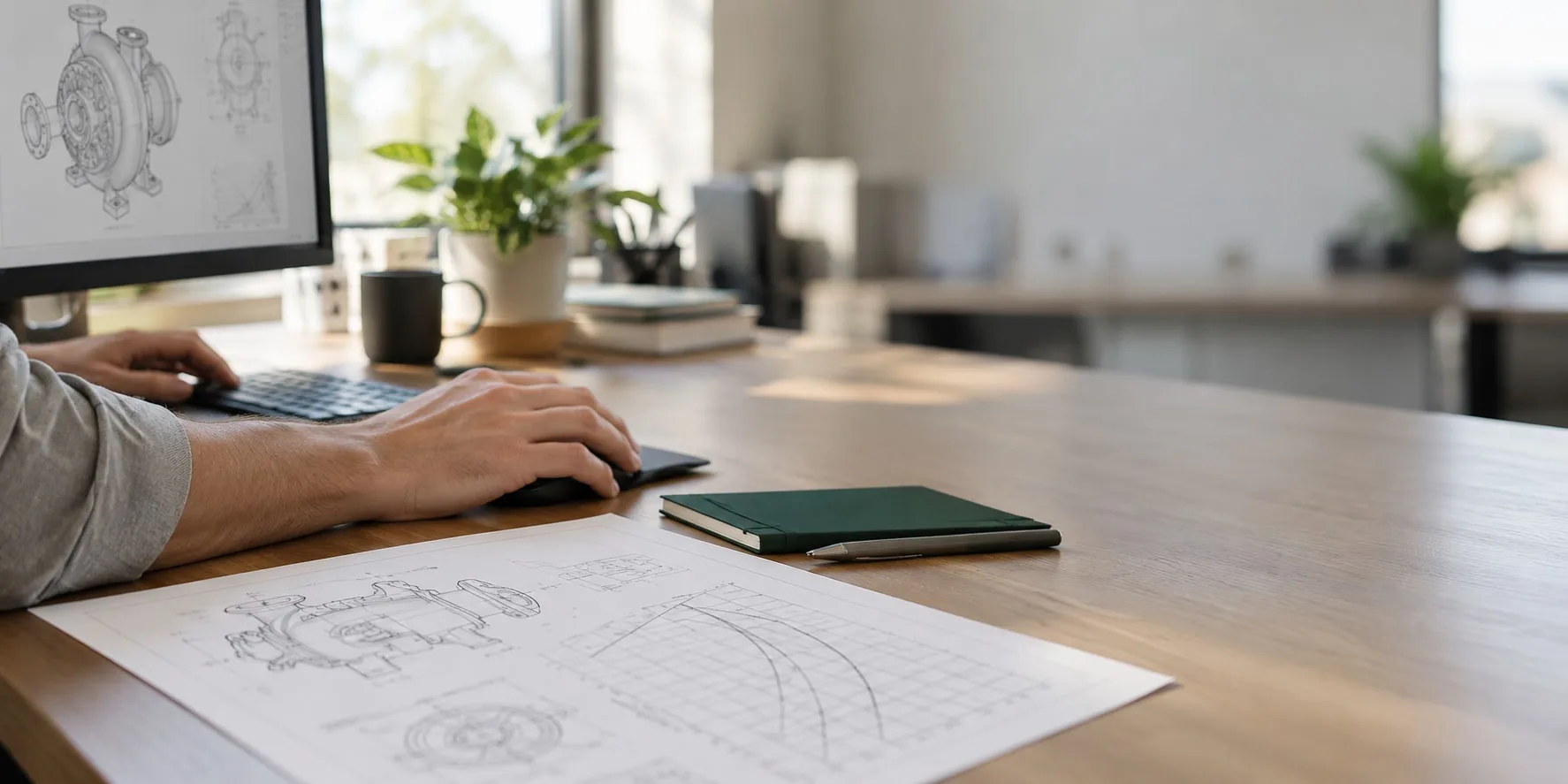 Hands at an engineering workstation beside technical drawings
